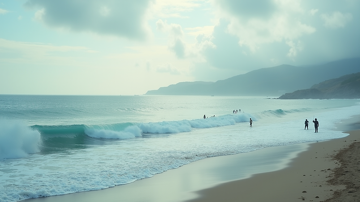 Wide angle view of Tamarin Bay with surfers and fishermen