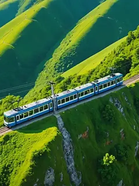 High angle view of the tramway lifting passengers over lush green hills