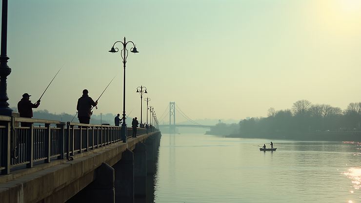 Eye-level view of Washington Baum Bridge with fishing activity
