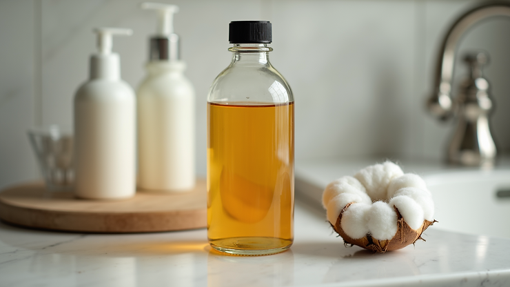 Close-up view of a bottle of apple cider vinegar next to a cotton round on a bathroom countertop