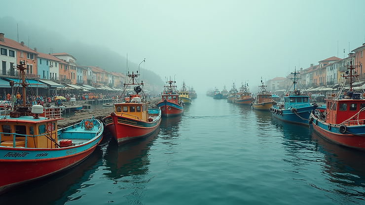 Wide angle view of Port Louis Harbour with fishing boats