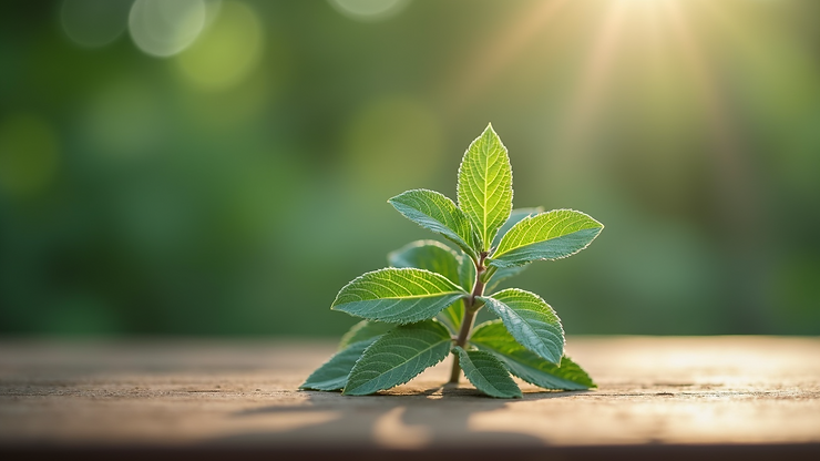 Eye level view of a sage plant on a wooden surface