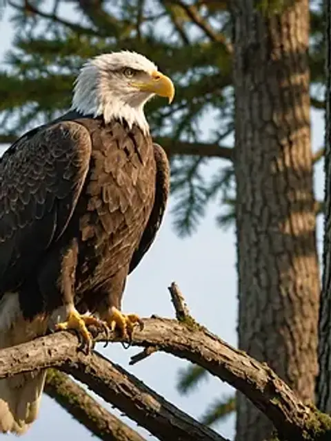 Close-up view of a majestic bald eagle perched on a tree branch