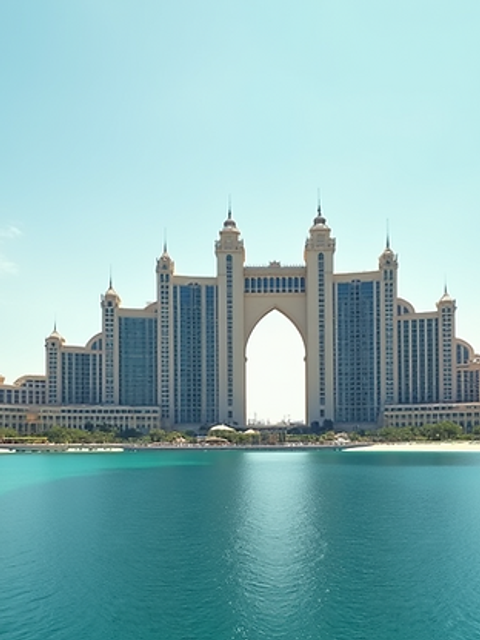 Wide angle view of Atlantis, The Palm resort with its iconic architecture