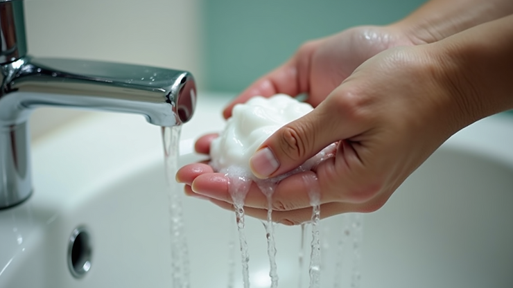 Close-up view of hands being washed with soap and toothpaste