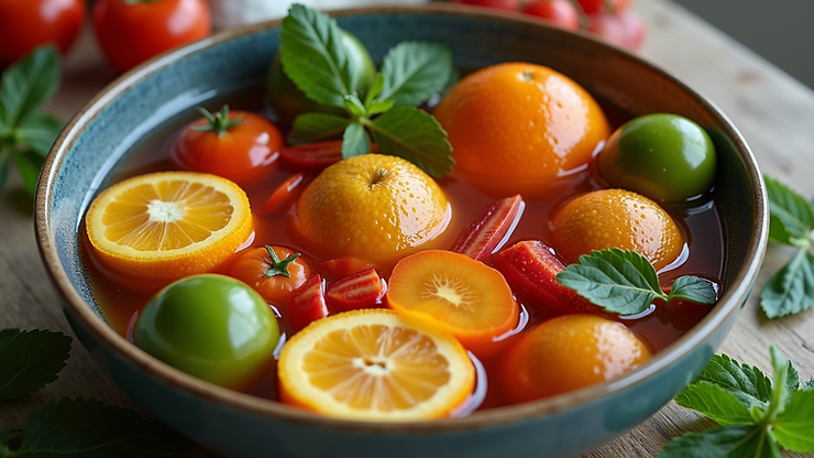 High angle view of a bowl of fresh fruits and vegetables soaking in solution