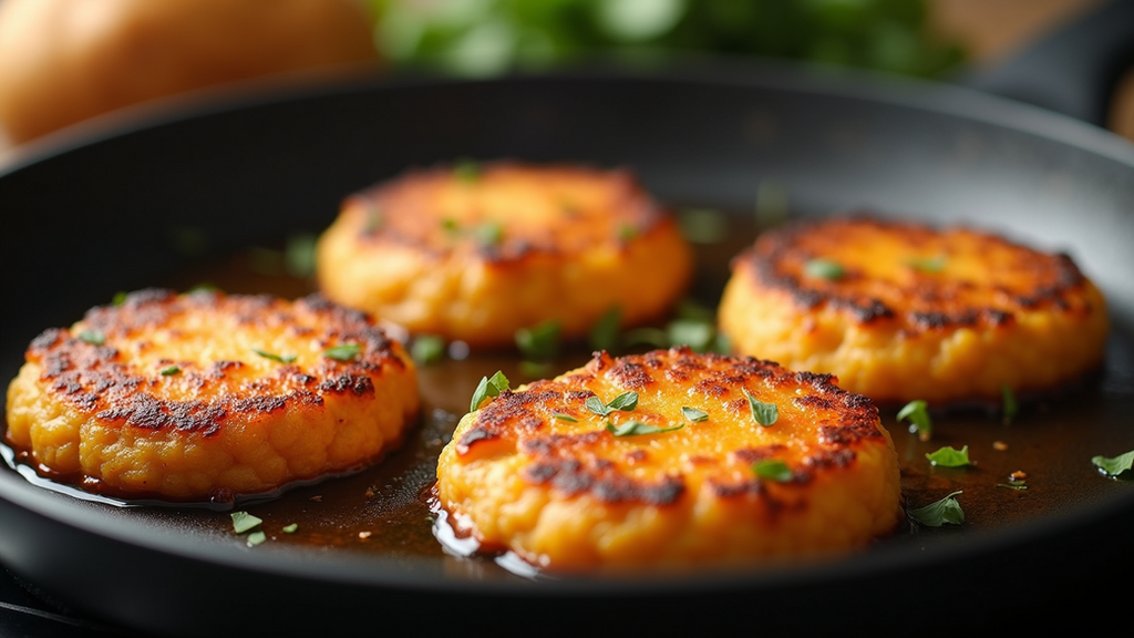 Close-up view of golden chicken and sweet potato patties in a frying pan