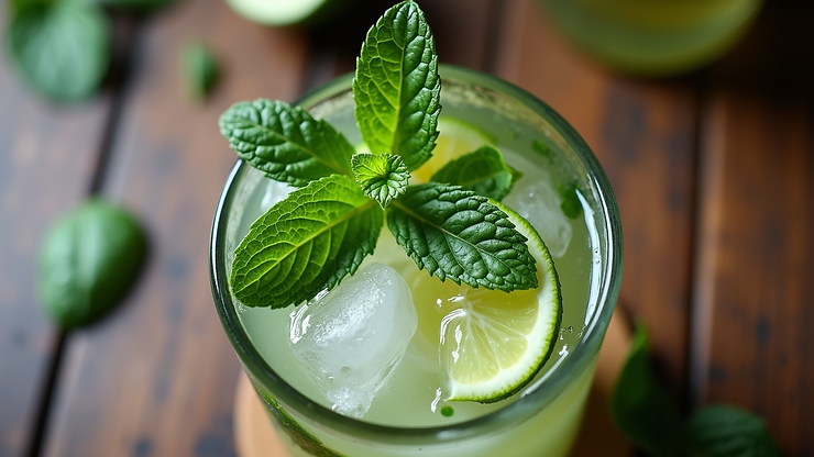 Eye-level view of a refreshing Mojito cocktail topped with fresh mint leaves