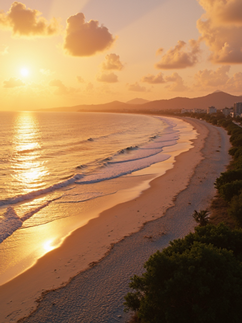 High angle view of the lively Frederiksted shoreline at sunset