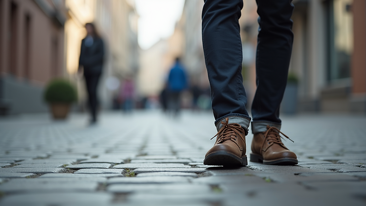 Wide angle view of comfortable walking shoes set on a pavement