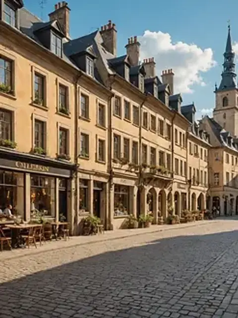Wide angle view of a historic European street rich in culture and history