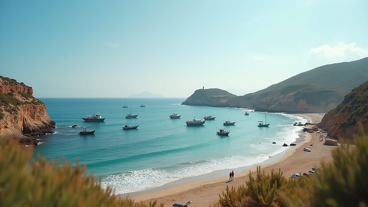 Eye-level view of Coin de Mire with fishing boats in the distance