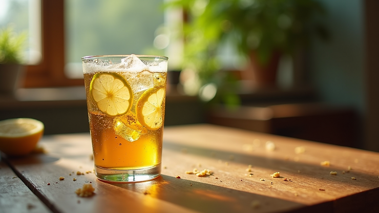 Eye-level view of a glass of homemade ginger beer with ice and lime