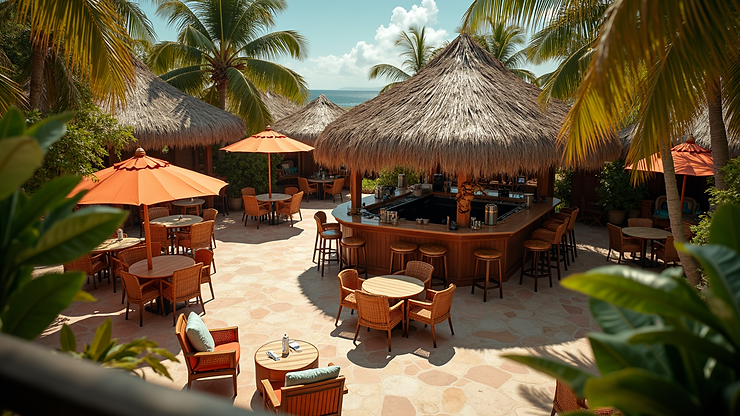 High angle view of The Cabana Bar's tropical-themed outdoor area
