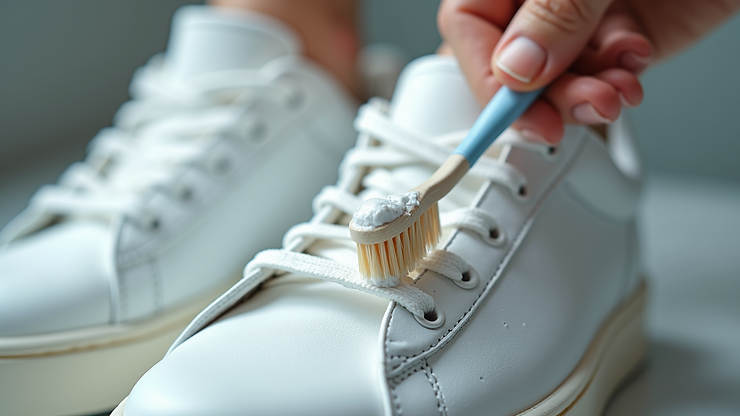 Close-up view of white sneakers being scrubbed with a toothbrush