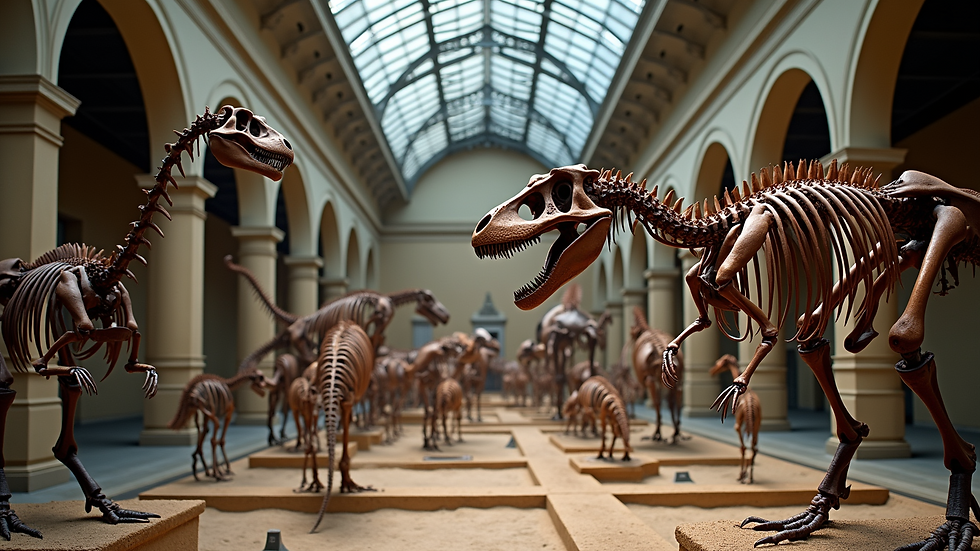 Close-up view of dinosaur skeletons in the National Museum of Nature and Science