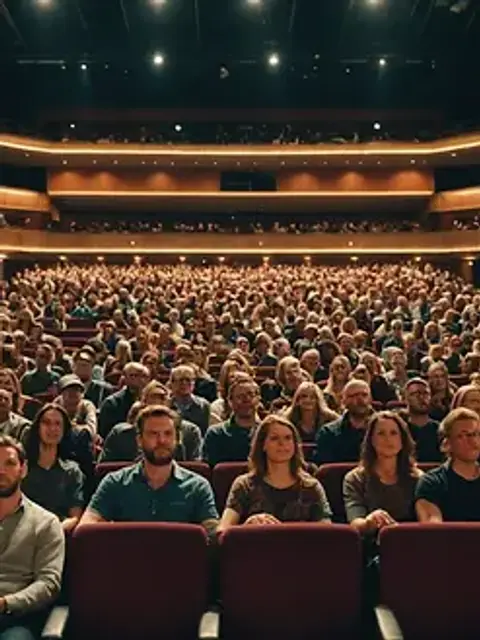 Wide angle view of a crowded theatre audience