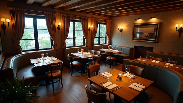 High angle view of The Island Room's cozy ambiance