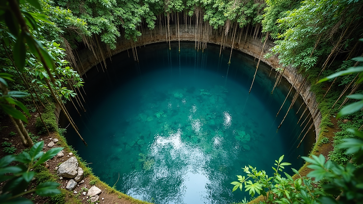 High angle view of the circular pool of water surrounded by lush vegetation in Cenote Ik Kil