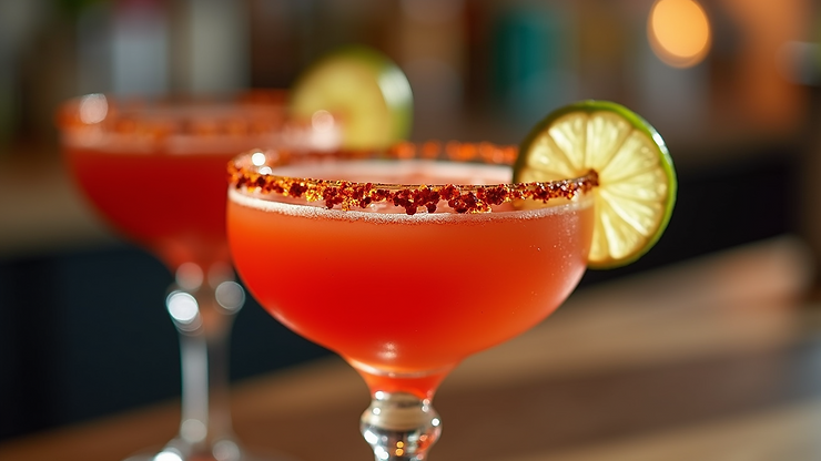 Eye-level view of a Spicy Paloma cocktail with a chili rim
