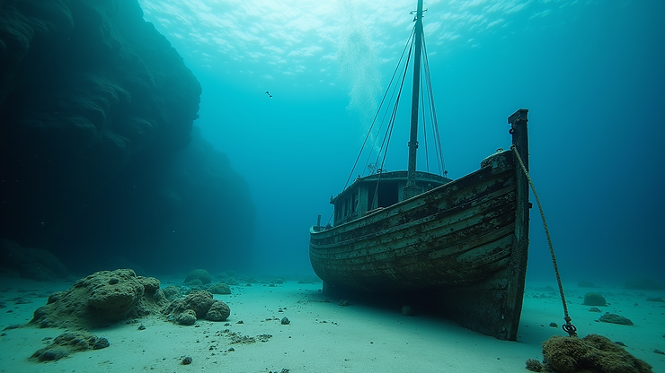 Close-up view of the Small Wooden Boat Wreck near Faros