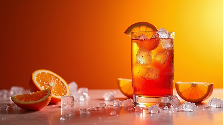 Eye-level view of a refreshing Aperol Spritz cocktail with ice and an orange slice