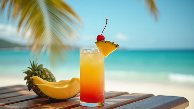 Close-up view of a colorful rum punch cocktail with tropical fruits
