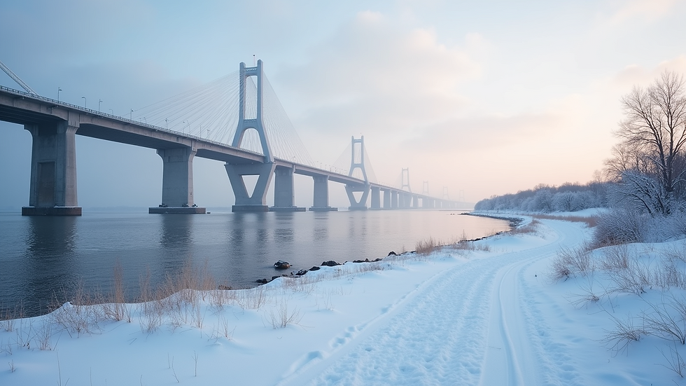 High angle view of The Great Belt Bridge with snow-covered surroundings