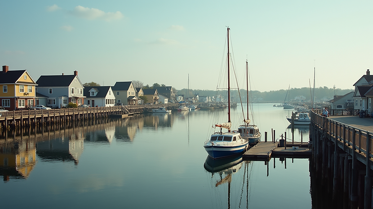High angle view of the charming harbor at Chincoteague Island