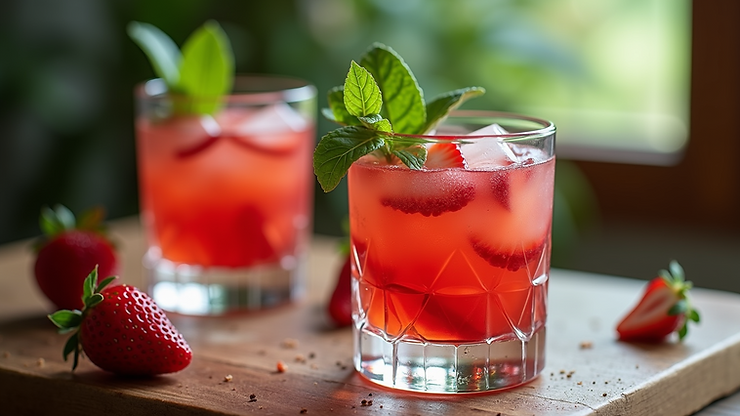 Eye-level view of a Strawberry Basil Smash cocktail garnished with fresh basil