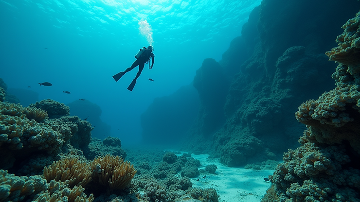 Wide angle view of Offshore Dubai Deep Site with marine life