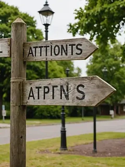 Eye-level view of a weathered sign post pointing to local ghostly attractions