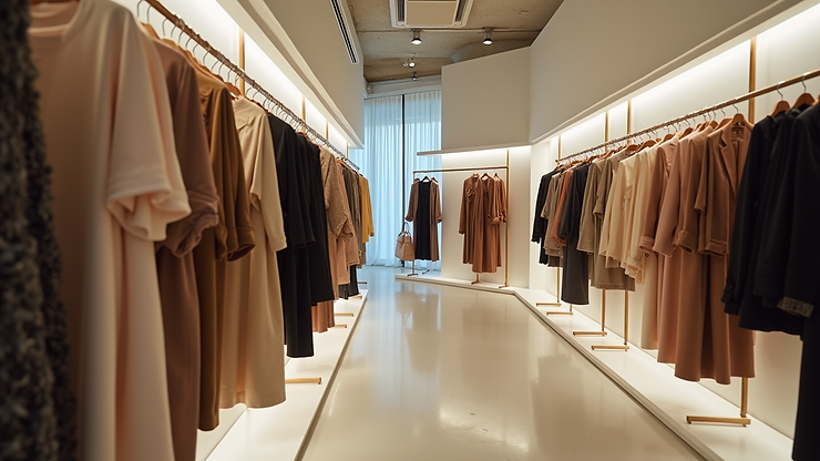 Wide angle view of Aether Boutique featuring stylish clothing displays