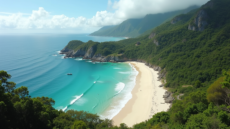 High-angle view of the remote beauty of Jack & Isaac Bay Beaches with lush surroundings