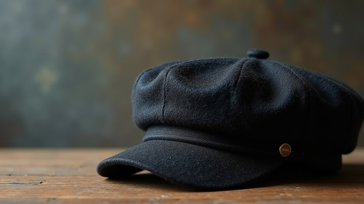 Close-up view of a classic wool beret displayed against a backdrop