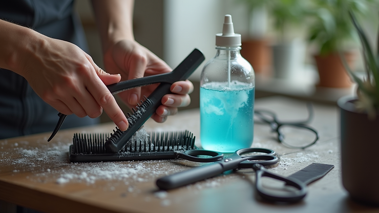 Close-up view of hair tools being cleaned