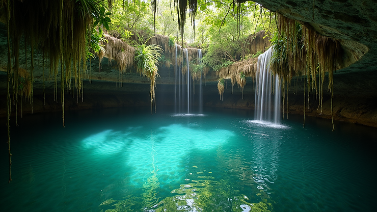 Wide angle view of the sacred water and surrounding vegetation at Cenote Sagrado