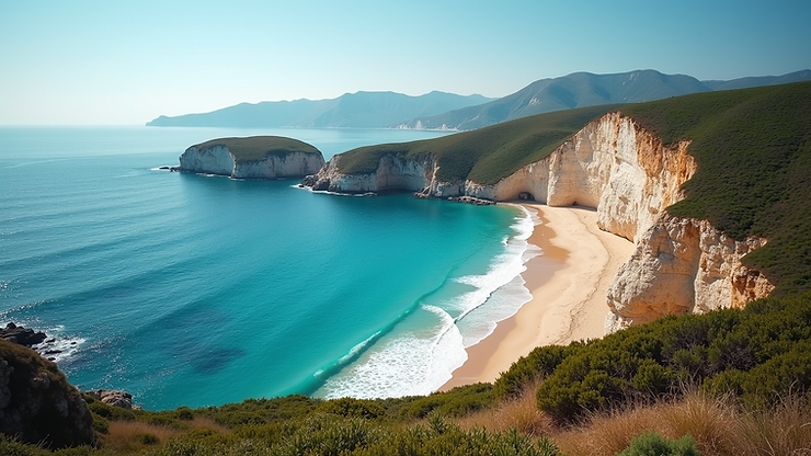 High angle view of the idyllic Kallisti Beach surrounded by cliffs