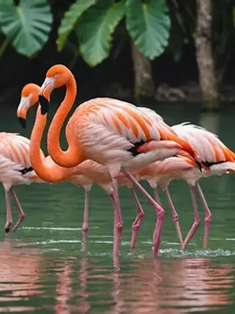 Close-up view of flamingos wading in clear water at Renaissance Island