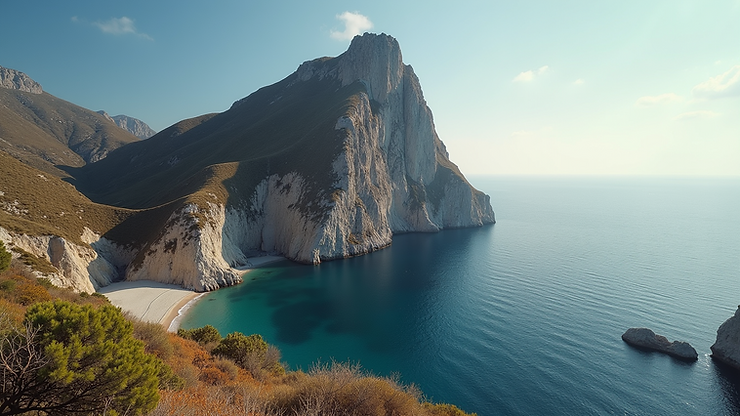 High angle view of the impressive Skaros Rock overlooking the water