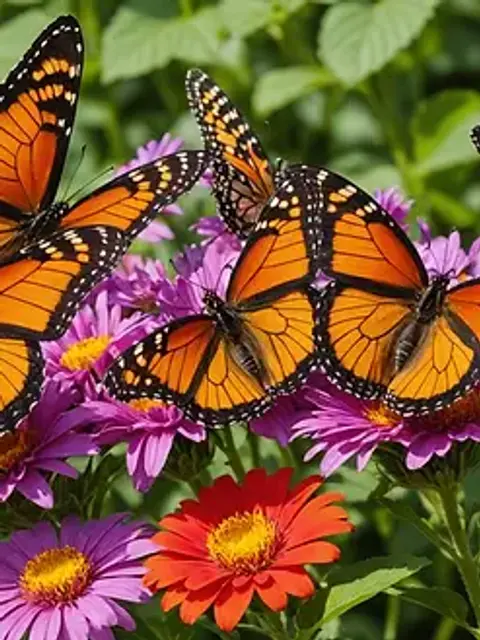 Eye-level view of colorful butterflies resting on vibrant flowers at the farm