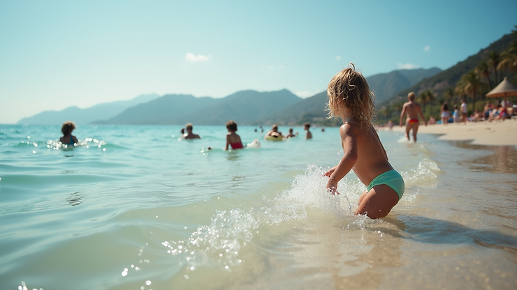 Eye-level view of calm waters at Playa Linda with families enjoying their day