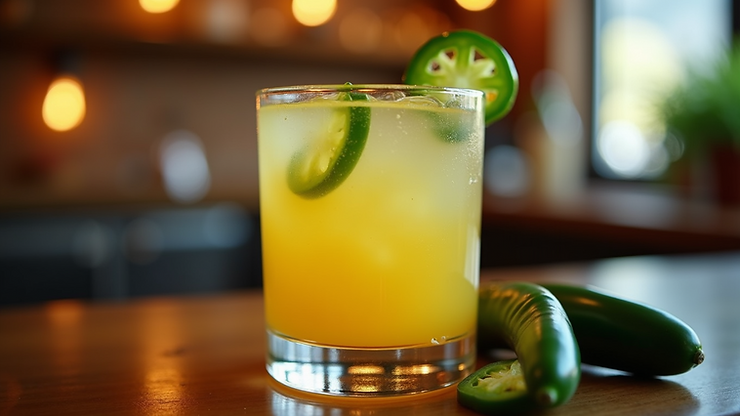 Eye-level view of a Spicy Margarita cocktail with jalapeños