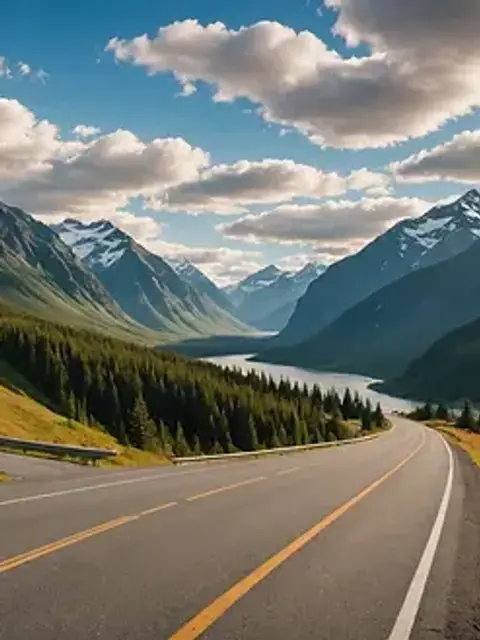 Wide angle view of a winding road surrounded by magnificent Alaskan mountain landscapes