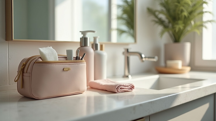Eye-level view of a travel-sized toiletry kit on a bathroom counter