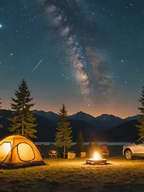 Eye-level view of a cozy campsite beneath a star-filled sky