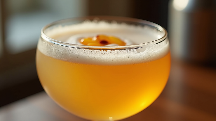 High angle view of an intricate Templer cocktail adorned with herbs