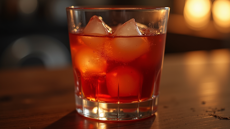 Eye-level view of a classic Negroni cocktail in an elegant glass