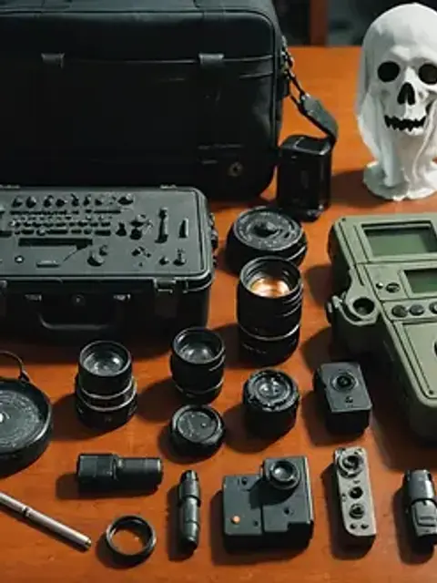 Close-up view of various ghost-hunting equipment displayed on a table