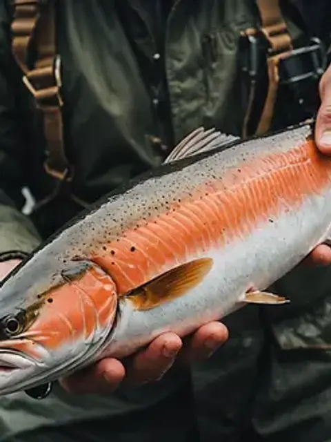 Close-up view of a fisherman holding a freshly caught salmon
